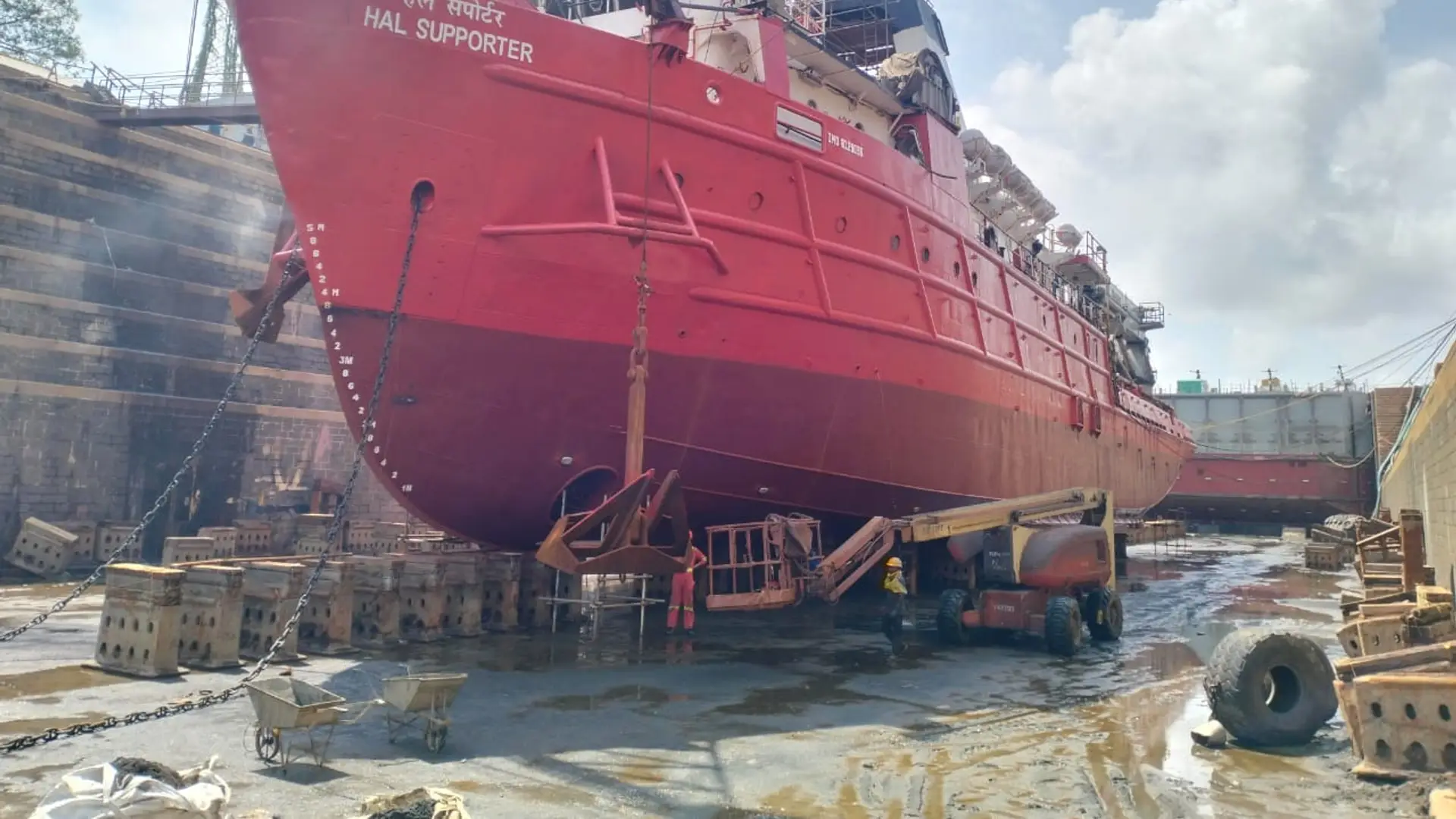 Vessel undergoing dry dock maintenance at Port Mumbai